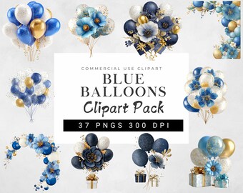 Blue and Gold Balloon Clipart PNG | Floral Glitter Balloons | Elegant Party Balloon Clipart | Wedding Birthday Decorations PNG