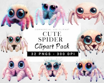 Pacote de clipart de aranha, ilustrações fofas de aranhas de desenho animado, gráficos divertidos de insetos, download digital para adesivos, convites e scrapbooking
