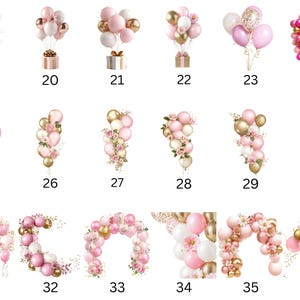 May include: A collection of 18 different balloon arrangements in pink, white, and gold. The arrangements include arches, bouquets, and garlands.