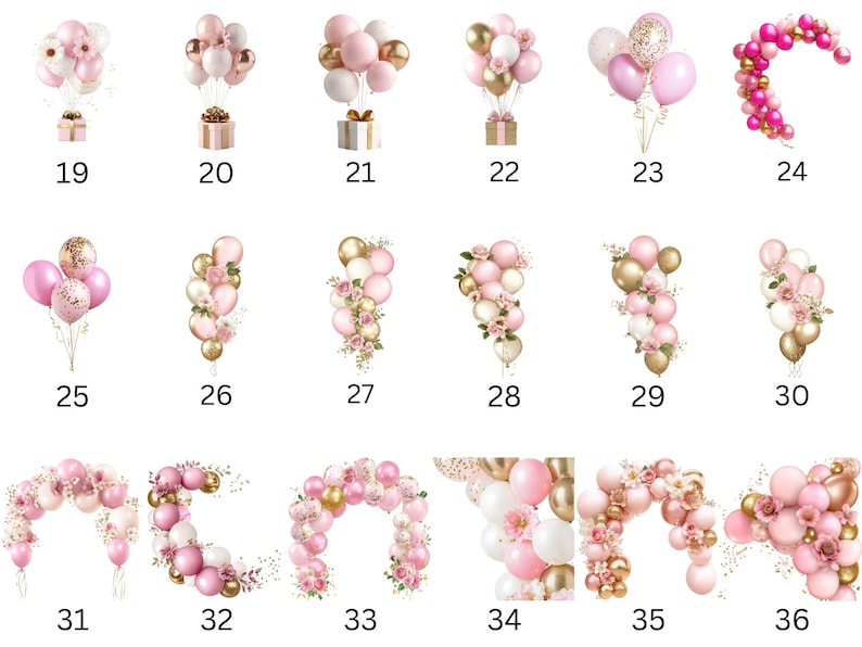 May include: A collection of 18 different balloon arrangements in pink, white, and gold. The arrangements include arches, bouquets, and garlands.