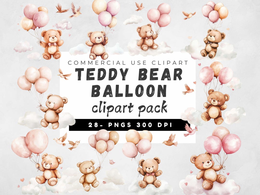 Teddy Bear and Pink Balloons Clipart Bundle, Baby Shower for A Girl ...