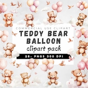 Bundle de cliparts ours en peluche et ballons roses, clipart baby shower pour une fille, ours en peluche Png, anniversaire fille Png, ballons ours en peluche rose Png