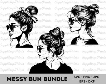 Messy Bun Svg, Messy Bun Girl Svg, Messy Bun Shirt Svg, Messy Bun Mom Svg, Messy Bun Daughter Svg, Messy Bun Back View Svg Png Jpg Eps Dxf