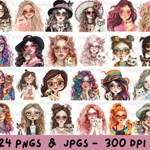 Conjunto de clipart de garota peculiar, arte de garota com animal de estimação, PNG e JPG de garota peculiar-300 DPI, clipart exclusivo Ser, para uso comercial, diário de lixo, artesanato em papel