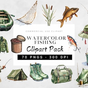 Fishing Clipart Bundle, Fishing PNG, Fisherman's Day Clipart, Fishing Images, Fishing Illustrations, Watercolor Fishing supplies PNG