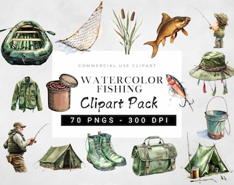 Pacchetto di clipart di pesca, PNG di pesca, clipart del giorno del pescatore, immagini di pesca, illustrazioni di pesca, forniture per la pesca ad acquerello PNG