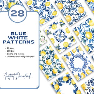 May include: A set of 28 digital papers featuring blue and white tile patterns with lemons and leaves. The papers are 12 inches by 12 inches and 300 dpi. They are for commercial use.