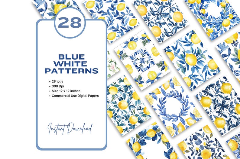 May include: A set of 28 digital papers featuring blue and white tile patterns with lemons and leaves. The papers are 12 inches by 12 inches and 300 dpi. They are for commercial use.