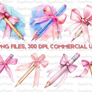 Aquarell Bleistift mit rosa Schleife, Clipart, Aquarell Bleistift PNG, Back to School Clipart, Instant Download