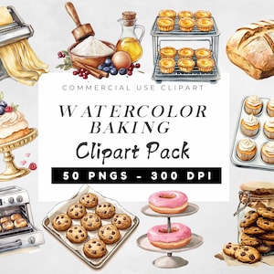 May include: Watercolour clipart pack of baking items, including a loaf of bread, cupcakes, doughnuts, cookies, a cake, and a pastry. The clipart is ideal for creating digital designs, invitations, and other projects.