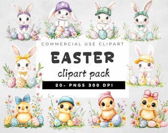 Watercolor Easter Clipart Bundle, Easter Bunny Clipart, Easter Chick Clipart, Easter Bunny And Chick PNG, Easter Graphics, Rabbit Hen PNG