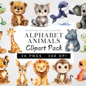 Alphabet Tiere Clipart, Aquarell Kindergarten Tier Clipart Bundle, Lernkarten Clipart, PNG für Kinder, Baby Tiere PNG, Baby-Dusche-Dateien