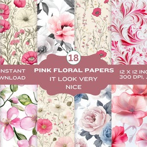 Pink Floral Seamless Digital Papers, Pink Flower Scrapbook Papers, Spring Floral Patterns, Pink Digital Backgrounds, Junk Journal Papers
