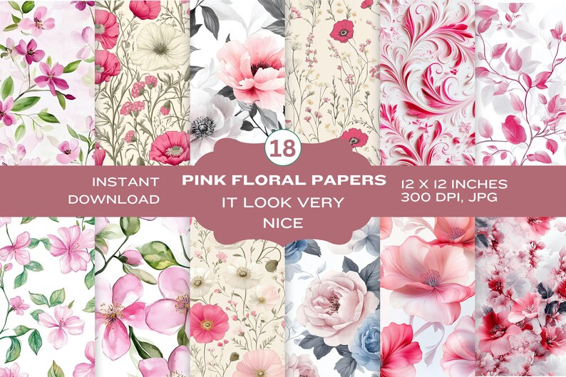 Pink Floral Seamless Digital Papers, Pink Flower Scrapbook Papers ...