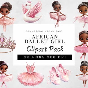 Aquarell Ballerina Clipart-Set | Rosa Ballett-Mädchen Grafiken | Schwanen Tanz Kinderzimmer Kunst | Afrikanische Prinzessin Tutu PNG Bündel | Kronen Clipart