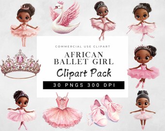 Watercolor Ballerina Clipart Set | Pink Ballet Girl Graphics | Swan Dance Nursery Art | African Princess Tutu PNG Bundle | Crown Clipart