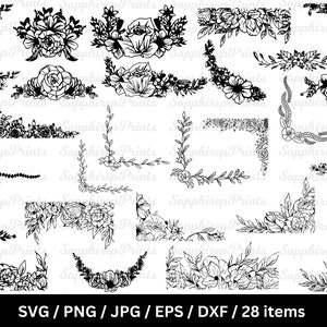 Bundle coin fleur Svg, Svg bordure fleurie, bordure florale Svg, lot Svg fleur, Arrangement floral Svg, bordure florale mariage, fichier coupé