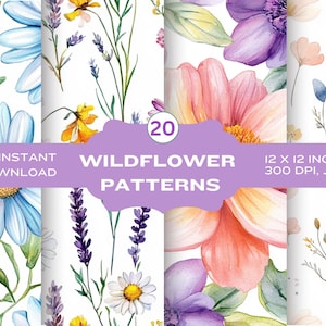 Puede incluir: 20 patrones de flores silvestres de acuarela, cada uno de 30,5 x 30,5 cm, 300 DPI, JPG. Los patrones presentan varias flores, incluyendo margaritas, lavanda y otras flores silvestres en tonos de azul, morado, rosa, amarillo y verde.