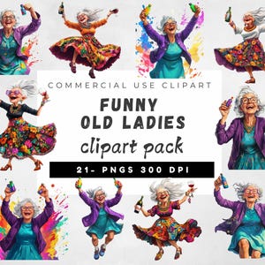 Funny Cute Old Ladies Clipart Bundle, Funny Drunk Old Lady clipart, Old Ladies Transparent PNG, Women Clipart, Junk Journal, Digital Paper