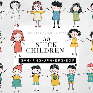 May include: A collection of 30 stick figure children in various outfits and hairstyles. The illustrations are in a hand-drawn style, with a simple color palette. The image includes the text "COMMERCIAL USE CLIPART" and "30 STICK CHILDREN".