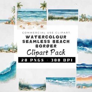 Puede incluir: Paquete de imágenes prediseñadas de acuarela con bordes de playa sin costuras. Las imágenes muestran olas del océano, playas arenosas, palmeras y conchas marinas. El texto dice "Commercial Use Clipart, Watercolour Seamless Beach Border Clipart Pack, 20 PNGs - 300 DPI."