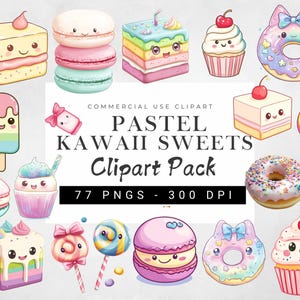 Watercolor Kawaii Sweets Clipart Bundle, Cute Dessert Illustrations, Pastel Candy Treats, Scrapbooking, Stickers, Invitations, Graphics
