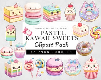 Watercolor Kawaii Sweets Clipart Bundle, Cute Dessert Illustrations, Pastel Candy Treats, Scrapbooking, Stickers, Invitations, Graphics