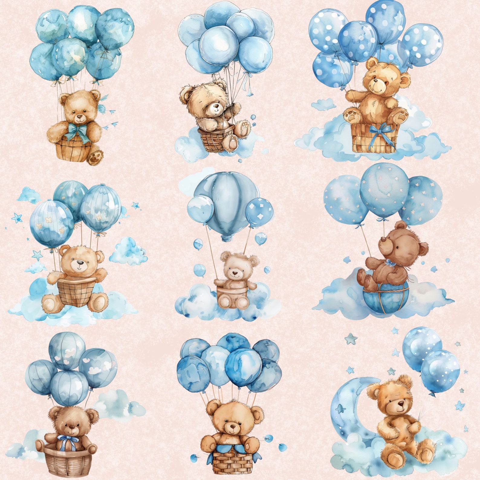 Teddy Bear and Blue Balloons Clipart Bundle, Baby Shower for A Boy ...