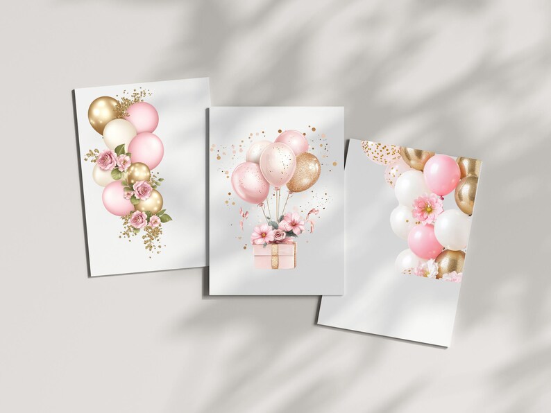May include: Three printable cards featuring pink and gold balloons with floral accents. The first card shows a cluster of balloons with flowers. The second card shows a cluster of balloons tied to a gift box with flowers. The third card shows a cluster of balloons in a semi-circle.