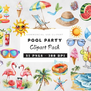 Bundle de cliparts piscine, Summer Party PNG, Clipart Beach Party, Summer Vibes PNG, Clipart vacances vacances, clipart Tropical