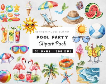 Pool Party Clipart Bundle, Summer Party Clipart PNG,  Beach Party Clipart, Summer Vibes PNG, Holiday Vacation Clipart, Tropical Clipart