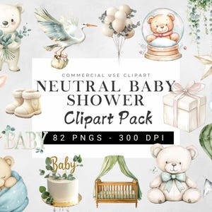 Baby Shower Clipart Bundle, Watercolour Neutral Baby Shower, Teddy Bear and Balloons Clipart Bundle, Teddy Bear Png, New Born Baby Clipart