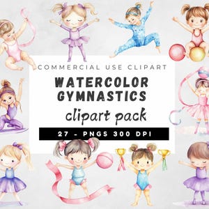 Paquete de imágenes prediseñadas de gimnasia en acuarela pastel, imágenes prediseñadas de deportes para niños, imágenes prediseñadas de niña gimnasta, salto de la viga, gimnasia rítmica, fitness PNG