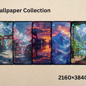 May include: A collection of five smartphone wallpapers featuring scenic landscapes. The wallpapers showcase Japanese-inspired scenes with mountains, cherry blossoms, and traditional architecture. The text "Wallpaper Collection" is displayed at the top.