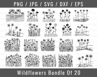 May include: A set of 20 black and white illustrations of wildflowers. The illustrations are simple and whimsical, and they would be perfect for use in a variety of projects, such as scrapbooking, card making, or digital design.