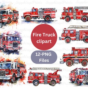 Clipart di camion dei pompieri ad acquerello, bundle di png di camion dei pompieri, clipart di png di compleanno di camion dei pompieri, clipart di camion dei pompieri trasparente, per uso commerciale