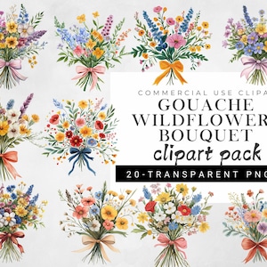 Gouache Wildblumen Strauß Clipart Bundle, Frühlingsblumenstrauß mit Schleife Png Set, Wildblumen Wiese Clipart, Wildblumen Clipart