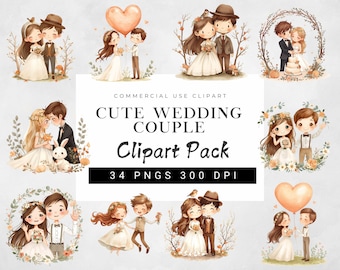 Paquete de imágenes prediseñadas de pareja de novios / Novia y novio PNG / Ilustraciones románticas de pareja / Manualidades y álbumes de recortes para bodas imprimibles