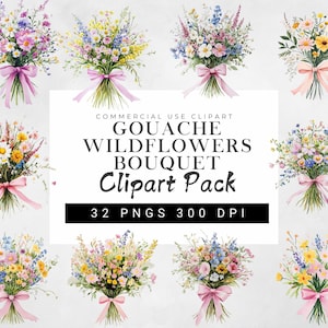 Gouache Wildblumen Strauß Clipart Bundle, Frühlingsblumenstrauß mit Schleife Png Set, Wildblumen Wiese Clipart, Wildblumen Clipart