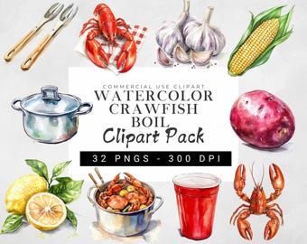 Watercolor Crawfish Boil Clip Art, Summer Seafood Illustrations, Boho Boil Party Graphics, Southern Coastal Decor, Seafood PNG