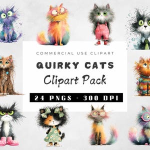 Watercolor Whimsical Cat Clipart Bundle | Quirky Messy Hair Cats | Funny Cat PNGs for Scrapbooking, Junk Journals & Paper Crafts