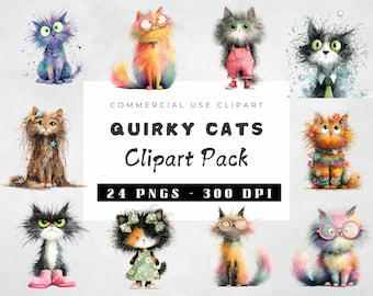 Watercolor Whimsical Cat Clipart Bundle | Quirky Messy Hair Cats | Funny Cat PNGs for Scrapbooking, Junk Journals & Paper Crafts