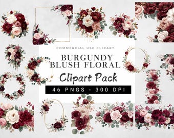 Watercolor Burgundy Blush Floral Clipart | Burgundy Flowers & Blush Botanicals | Wedding Floral Borders and Arrangements | Printable Flower
