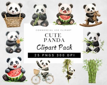 Watercolor Panda Clipart Bundle | Cute Panda PNG | Panda Bamboo Illustrations | Woodland Animal Clipart