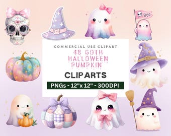 Cute Halloween Clipart Bundle | Pink Pumpkin Ghost PNG | Watercolor Autumn Clipart | Commercial Use Digital Download