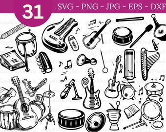 Ensemble d'instruments de musique Svg, Svg guitare, instrument de musique vecteur Svg de batterie, équipement de musique Svg Png Eps, Clipart Piano, Svg guitare