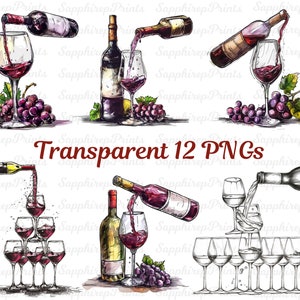 Wine Glass Clipart Bundle, Glass and Bottle Clipart, Celebration Holiday Decor, Wine Glass Tower Png, Alcohol Party Png, Red Wine Glass Png
