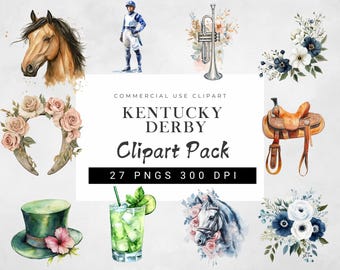 May include: A watercolor clipart pack featuring images related to the Kentucky Derby. The pack includes a jockey, a trumpet, a horseshoe, a saddle, a horse, a mint julep, a hat, and floral arrangements. The text "Kentucky Derby Clipart Pack 27 PNGs 300 DPI" is included in the image.