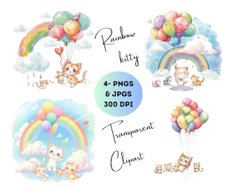 Rainbow and Kitty with Balloons Clipart Bundle, Whimsical Cat Illustration for Nursery Decor, Cartoon kitty Clipart, Rainbow Party decor
