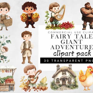 Fairy Tale Giant Adventure digitaal clipartpakket, aquarel verhalenboekkunst, transparante achtergrond PNG's voor kinderen, commercieel gebruik